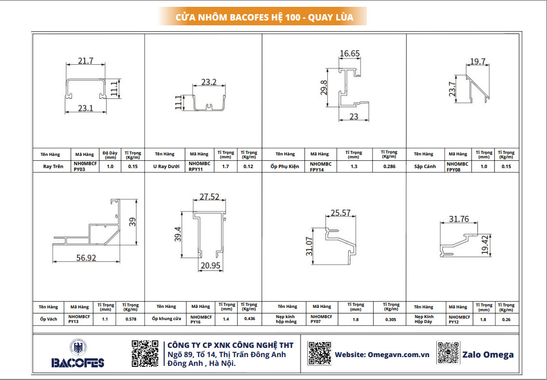 Catalog Mặt cắt cửa nhôm Bacofes hệ 100 nhôm Cầu - Quay Lùa